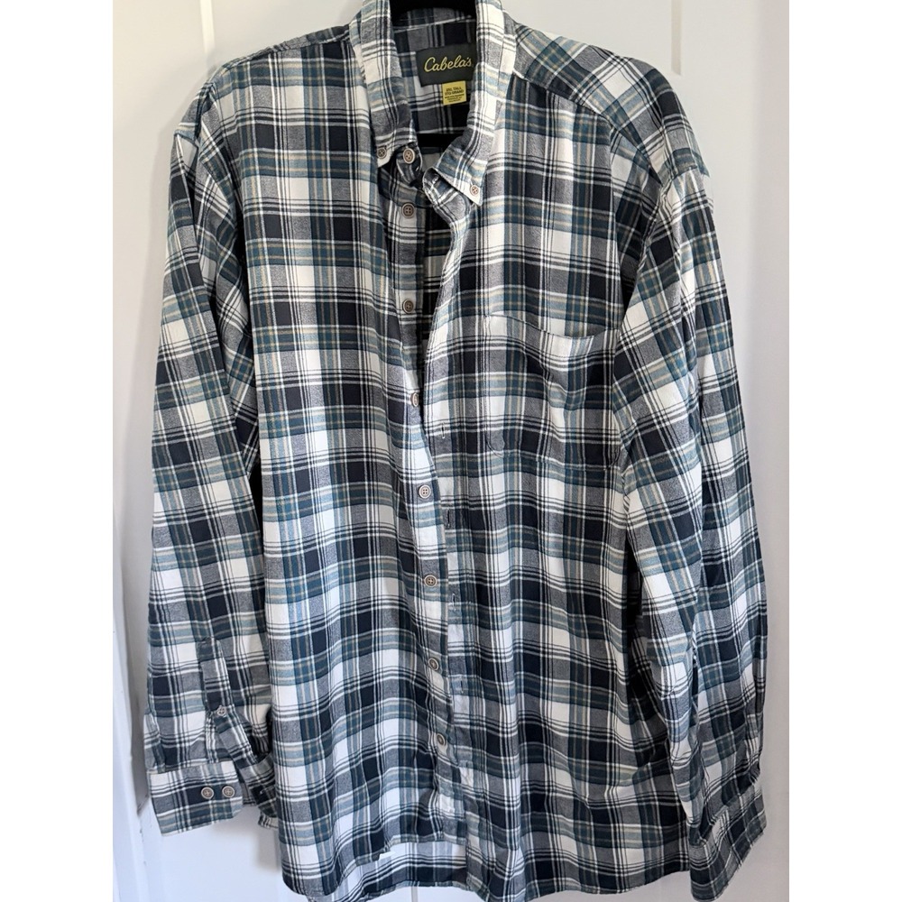 Cabela's Men's 2XL Tall Flannel Shirt Blue Teal Plaid 100% Cotton Button Down